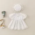 Baby girl white floral romper set with matching ruffle hat and green bow detail - 73cm / Dress With Hat