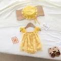 Yellow sunflower baby romper with matching ruffled sun hat, sleeveless summer outfit - 66 / Yellow