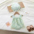 Baby girl mint green daisy embroidered romper and matching ruffled sun hat set - 66 / Green