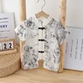 Infant short sleeve romper with traditional Chinese ink bamboo print and frog buttons - 66cm / Ink Bamboo Pattern