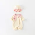 Infant beige ribbed cotton romper set with pink bunny ear collar and matching hat - 66cm / Beige