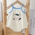 Cotton baby bodysuit with blue straps and cute cow print in creamy white color - Size 66 / Cow