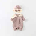 Baby girls' cotton rib-knit romper set with matching bonnet in dusty pink color - 66cm / Purple