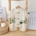 Newborn baby summer bodysuit with retro panda print and green Chinese frog buttons - 66 / Panda Bamboo