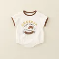 Short sleeve baby romper in cream with brown trim and cute dachshund cartoon print - Top And Bottom (Dachshund Print Style (2520)) / Beige / 73cm
