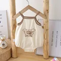 Schattige beige baby katoenen bodysuit met pluche berenkop en bruine biesjes - Beer Bandje / 66