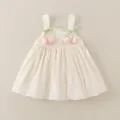 Vestido sin mangas crema para niña con tulipanes rosa 3D y un lazo verde - 80 / Beige