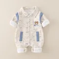 Soft baby pure cotton long sleeve romper featuring cute bear print design in cream and blue - Blue