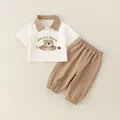 Conjunto de polo y pantalón de algodón para bebé niño en beige y marrón con oso - 73cm / Oso Marrón