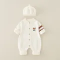Knitted baby romper set in cream white with bear embroidery and matching beanie hat - 66CM / Beige