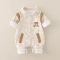 Beige cotton baby romper with cartoon bear embroidery and button-front design - 66 / Brown