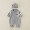 Grey knitted baby romper set with matching beret and bear embroidery detail - 66CM / Gray