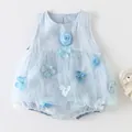 Light blue sleeveless baby bodysuit with floral appliques and tulle skirt overlay - 66 / Blue