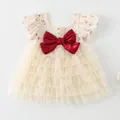 Barboteuse bébé fille en coton fleuri avec nœud rouge et jupe à volants blanc crème - 73cm / Robe à Étages (2530)