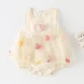 Sleeveless baby girl romper in beige with floral tulle skirt and pink flower accent - 66 / Beige