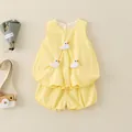 Gelbes Sommer-Set für Kleinkinder mit ärmellosem Oberteil und Enten-Applikationen - 73cm / Gelb