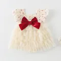 Body bébé fille en coton fleuri avec grand nœud en velours rouge et jupe en tulle - 73cm / Barboteuse à Étages (2531)