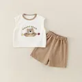 Ärmelloses Baumwoll-Set für Babys mit Bären-Aufdruck in Creme und Erdtönen gehalten - 73cm / Brauner Bär