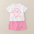 Completo estivo da bambina 2 pezzi con maglietta bianca con fiocco e pantaloncini rosa - 80cm / Set Fiore Farfalla - Rosa