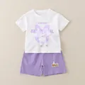 Completo estivo da bambina con T-shirt bianca a coniglio e pantaloncini viola con fiocco - 80cm / Set Fiore Farfalla - Viola