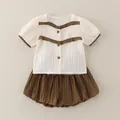 Completo estivo neonata con maglia bianca plissettata a maniche corte e pantaloncini marroni - 80cm / Set Bloomers Vintage - Caffè
