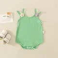 Grass green cotton ribbed baby bodysuit with floral shoulder straps and snap closure - Green / 66cm