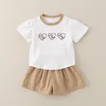 Completo estivo in cotone per bambina con t-shirt bianca a cuore e shorts - 80cm / Stile Tre Cuori - Cachi
