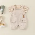 Baby boy summer set with striped short sleeve top and khaki overalls with BOO embroidery - Light Coffee / 66cm