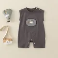 Dark grey sleeveless cotton baby romper with cute puppy patch and snap buttons - Top And Bottom (Plaid Puppy Style (5015)) / Dark Gray / 73cm