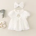 Infant girl cream lace tulle romper dress set with matching headband and soft baby shoes - White / Size 66