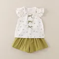 Set estivo da bambina con top bianco a fiori e fiocchi e pantaloncini verde oliva - 80cm / Set Tre Fiocchi - Verde