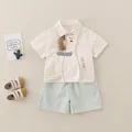 Baby girl summer cotton set with cream puppy shirt and green plaid shorts outfit - 73cm / Beige Cartoon Dog (CGG-25028)