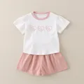 Conjunto de verano para niña con top de algodón de corazones y pantalones cortos - 80cm / Estilo Tres Corazones - Rosa