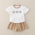 Conjunto de verano para niñas con camiseta de algodón blanca y pantalones kaki - 80cm / Estilo Tres Corazones - Caqui