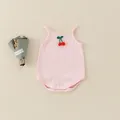 Pink ribbed cotton baby romper with yellow lace trim and 3D cherry details - Pink / 66cm