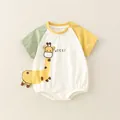 Newborn short sleeve cotton bodysuit with giraffe print and colorful raglan sleeves - Size 66 / Yellow