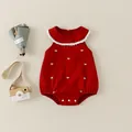 Rode mouwloze baby romper met witte kanten kraag en geborduurde kleine strikjes - 66CM / Rood