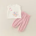Ensemble fille en gaze de coton blanc et rose avec nœuds et pantalon assorti - 73cm / Ensemble Pantalon Papillon en Gaze de Coton - Rose