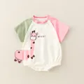 Short sleeve newborn cotton romper with pink giraffe graphic and button crotch - Size 66 / Pink