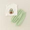 Ensemble d'été en coton pour bébé fille avec débardeur avocat et pantalon vert - 73cm / Ensemble Pantalon Avocat en Gaze de Coton - Vert