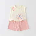 Ensemble été en gaze de coton pour bébé fille avec débardeur et nœud rose - 73cm / Ensemble Short Papillon en Gaze de Coton - Rose
