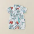 Traditional Chinese style baby romper with blue cloud pattern and red lotus prints - 66cm / Blue