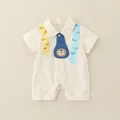 Pagliaccetto neonato in cotone crema a maniche corte con motivo leone e cravatta - Beige / 66cm