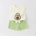 Ensemble d'été fille en coton avec gilet avocat crème et short vert clair - 73cm / Ensemble Short Avocat en Gaze de Coton - Vert