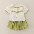Ensemble d'été fille en coton avec haut crème et short bouffant vert texturé - 80cm / Ensemble Bloomers à Volants Et Manches Bouffantes - Vert