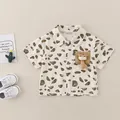 Short sleeve toddler cotton shirt with pebble print and giraffe pocket detail - Brown / 73cm