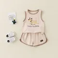 Completo estivo da neonato in cotone 2 pezzi con canotta beige e pantaloncini con cucciolo - 73 / Cachi