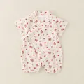 Short sleeve baby cotton romper in beige with festive cartoon bears and heart prints - 73