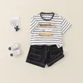 Toddler boys summer set with black and white striped dog graphic T-shirt and cargo shorts - B&W Striped Patch (CGG25033)