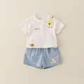 Toddler summer set with white cartoon giraffe tee and light wash denim shorts - 73cm